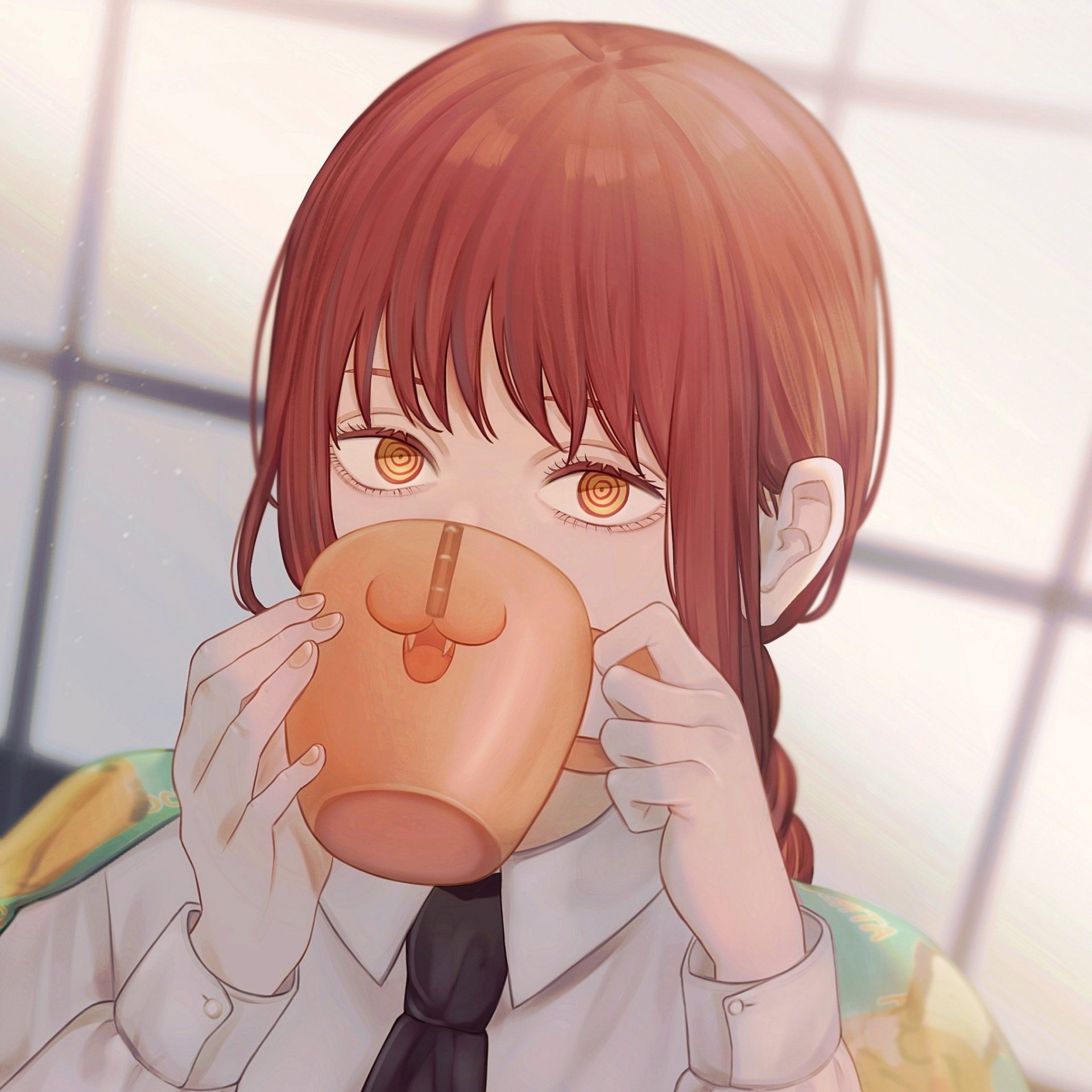 Anime avatar of Makima from Chainsaw Man, sipping from a cup with a content expression.