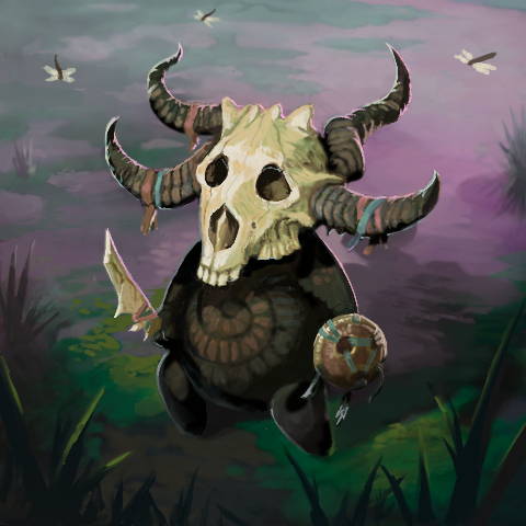 Avatar of a video game character named Acolyte of the Altar featuring a skull with horns, set against a mystical swamp background.