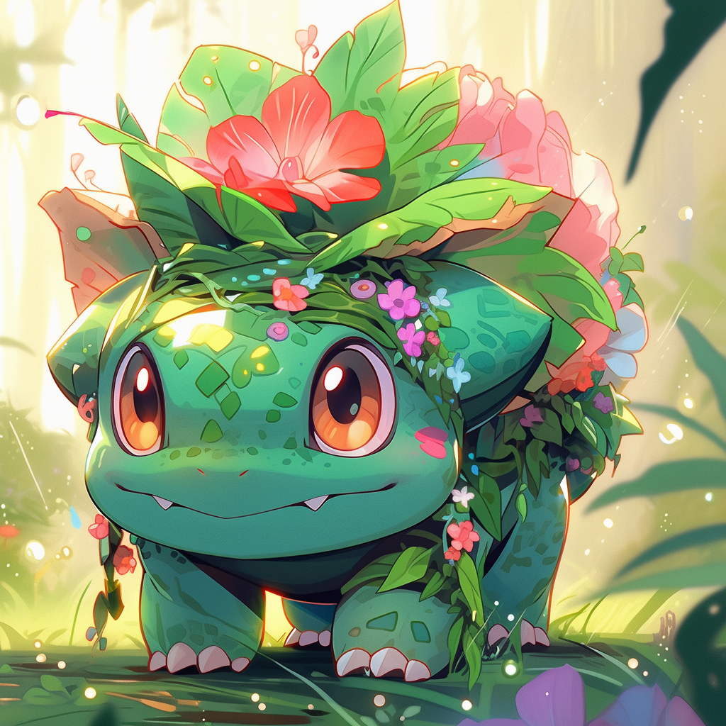 Anime-style avatar of Bulbasaur Pokémon surrounded by lush greenery and vibrant flowers.