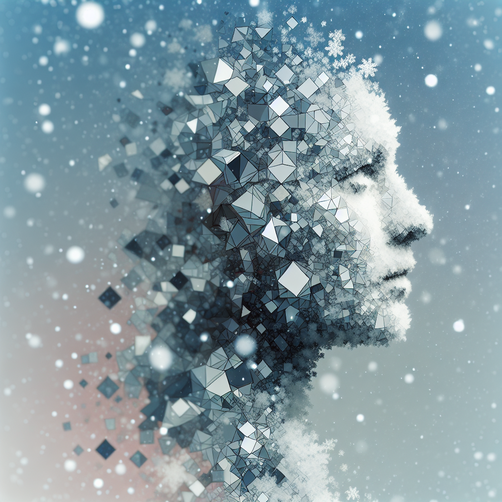 Digital avatar of a fragmented face in a snowfall, blending with a background of snowflakes and geometric shapes.