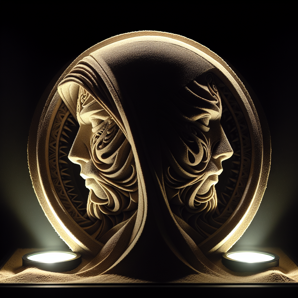 Intricate sand art avatar featuring a dual profile illusion in golden tones.