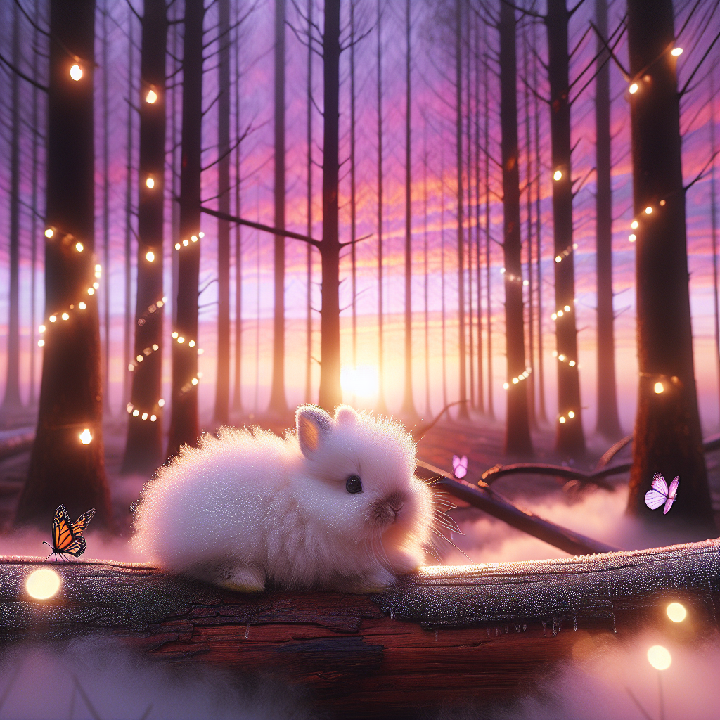 Cute fluffy creature avatar with an aesthetic background of a magical forest at sunset, adorned with twinkling fairy lights.”
