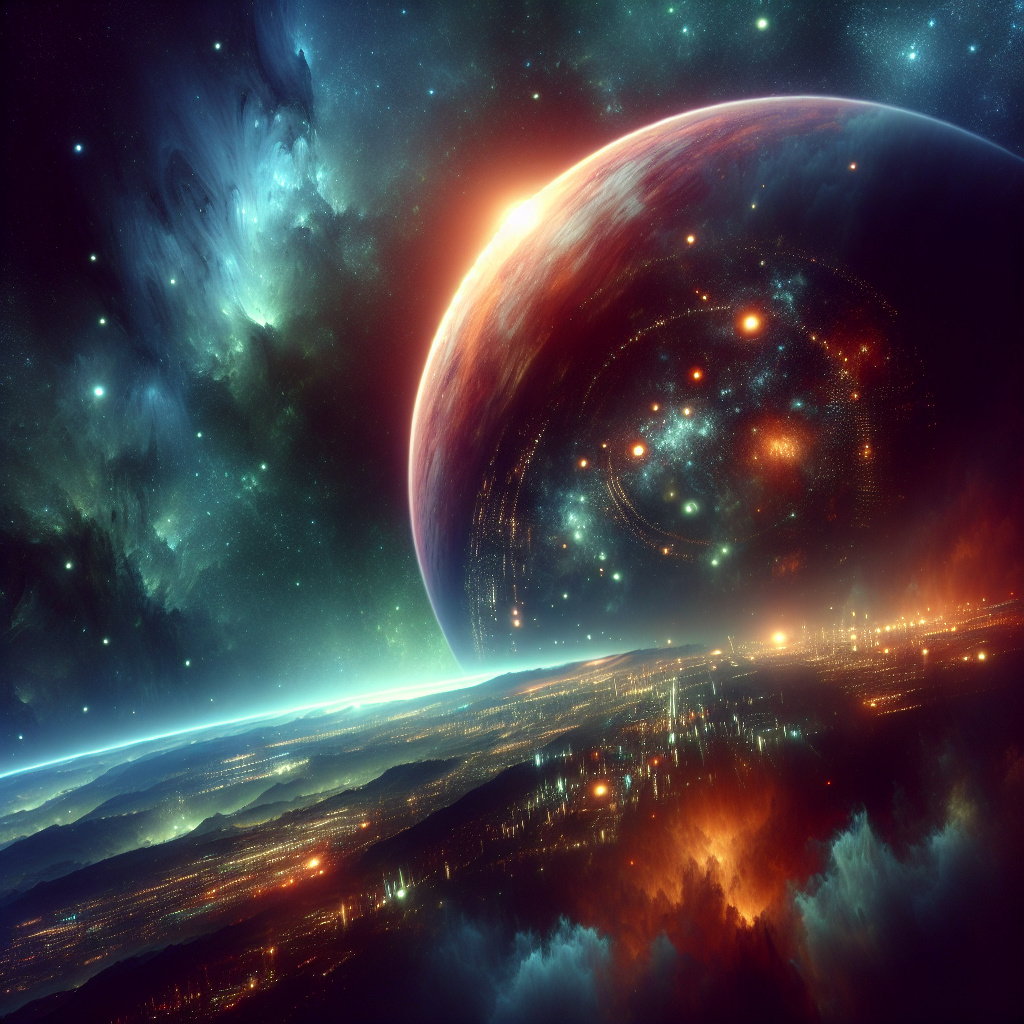 A vibrant sci-fi planet emerges from swirling cosmic clouds, showcasing a stunning nebula and a futuristic cityscape below, creating an imaginative forum avatar or profile picture.