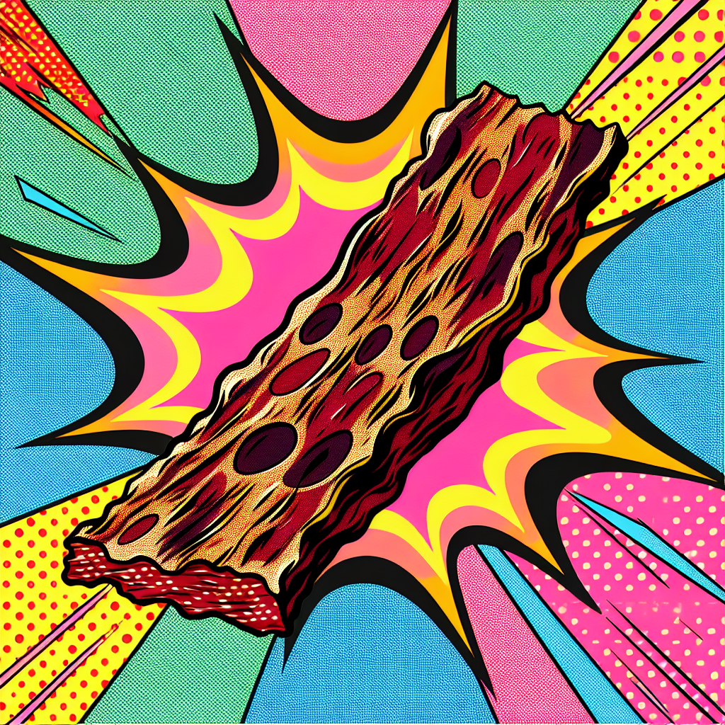 Cartoon-style avatar of a vibrant piece of beef jerky with a dynamic pop-art background.