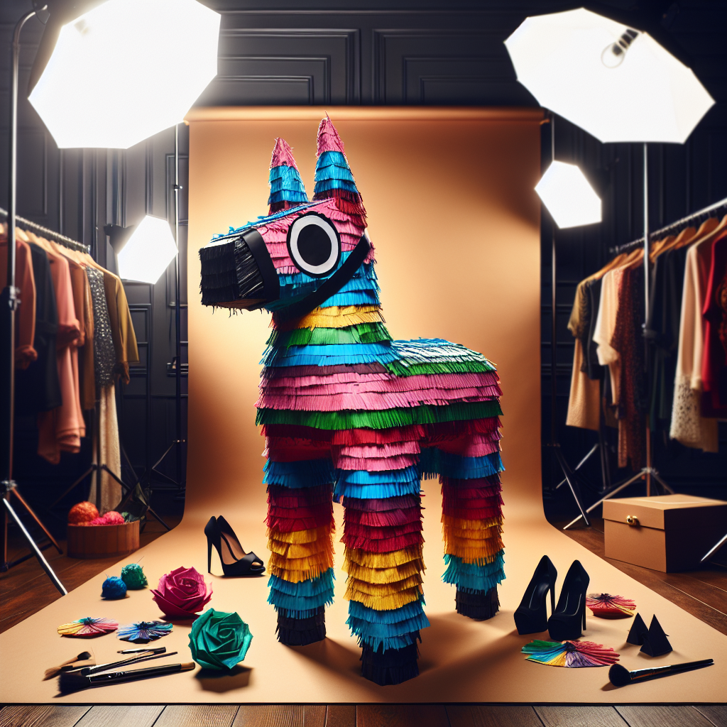Colorful piñata in a portrait photo shoot setup, possible avatar icon or profile picture.