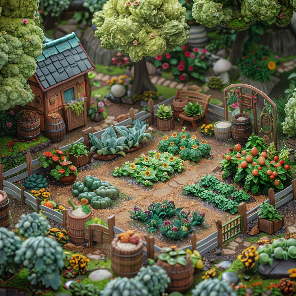 Detailed avatar image of a charming miniature vegetable garden with a quaint cottage, lush trees, and an assortment of plants and vegetables.