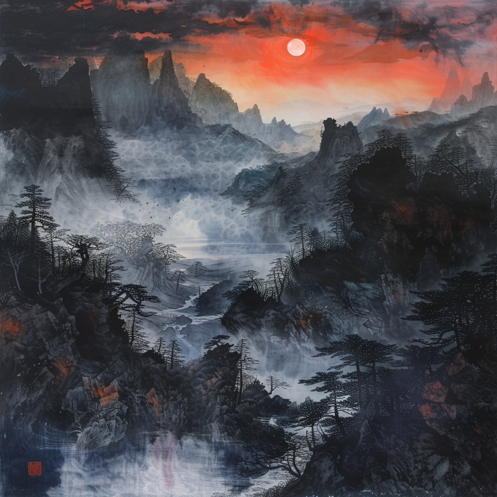 A serene landscape at dawn, featuring misty mountains and a warm red sun rising over a tranquil river, making an evocative profile photo for forums.