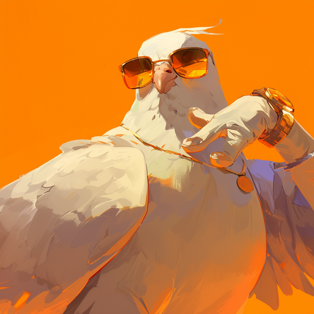 A stylish dove wearing sunglasses and jewelry poses confidently against a vibrant orange background, serving as a unique forum avatar.