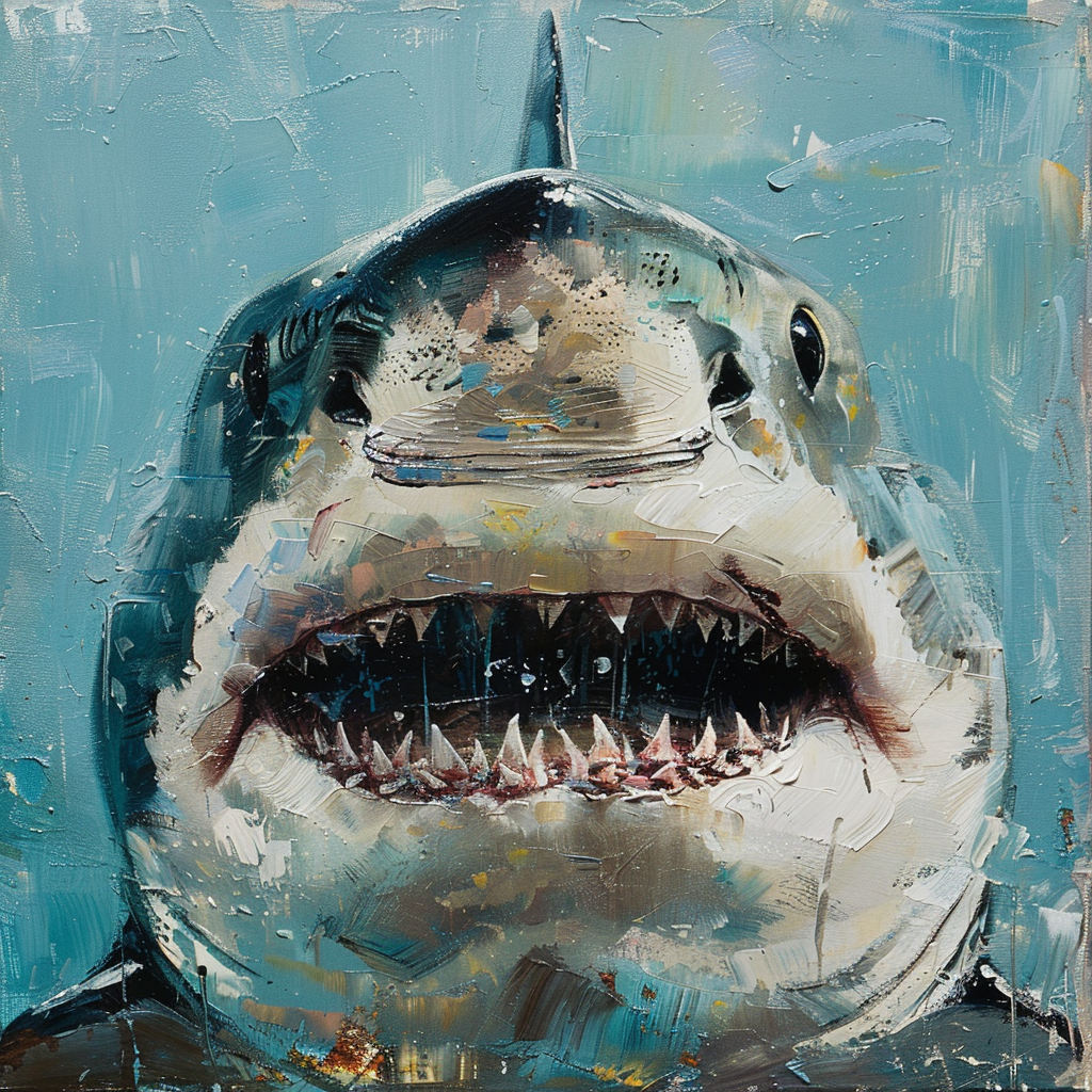 Profile photo of a close-up painting of a shark with an open mouth, showcasing detailed teeth, set against a textured blue background.