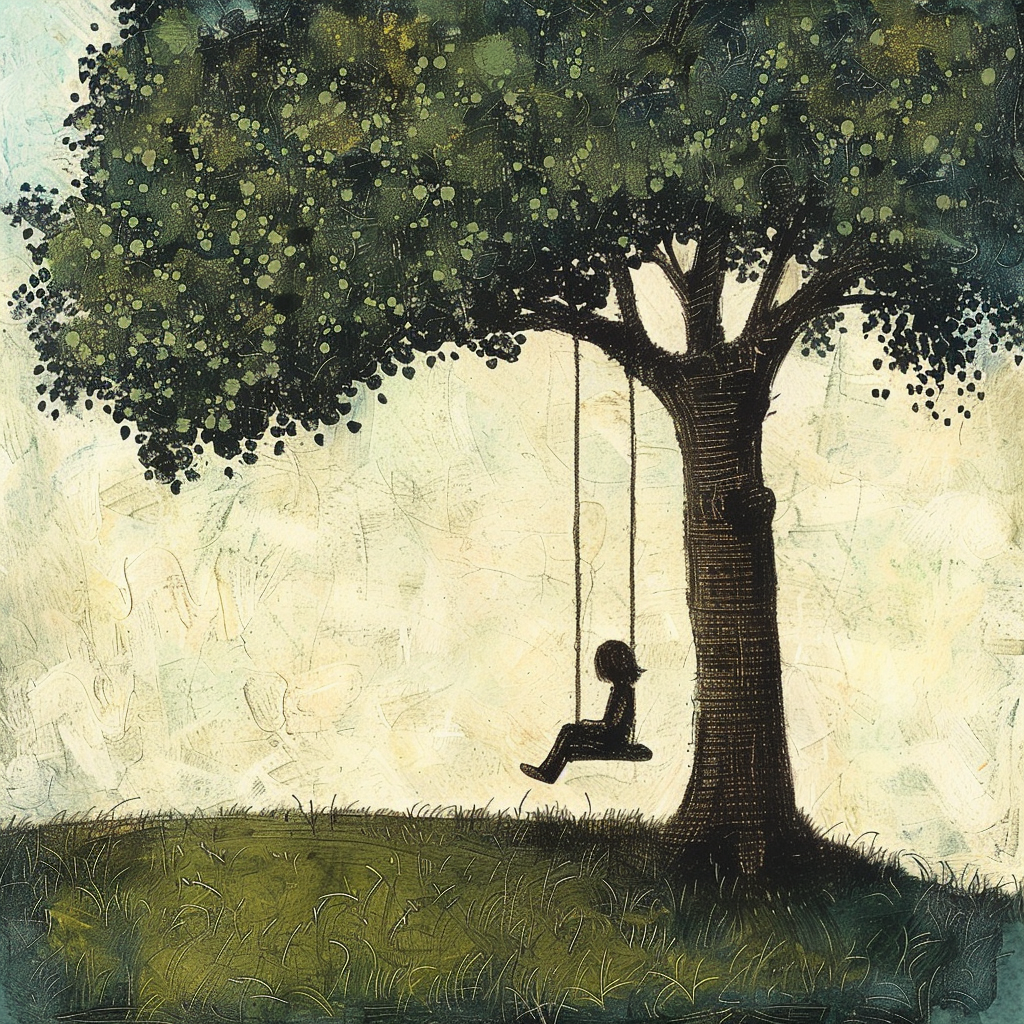 Illustration of a child on a tree swing for use as an avatar or profile picture, evoking a sense of childhood nostalgia.
