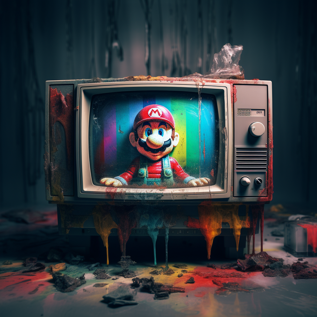 A vintage television displays a colorful, artistic portrayal of Mario, with vibrant paint splatters surrounding it, making this a distinctive forum avatar.