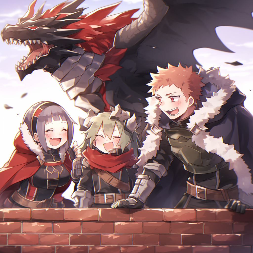A vibrant anime-styled forum avatar featuring three cheerful characters in warm clothing, laughing together on a brick wall, with a dragon looming majestically behind them.