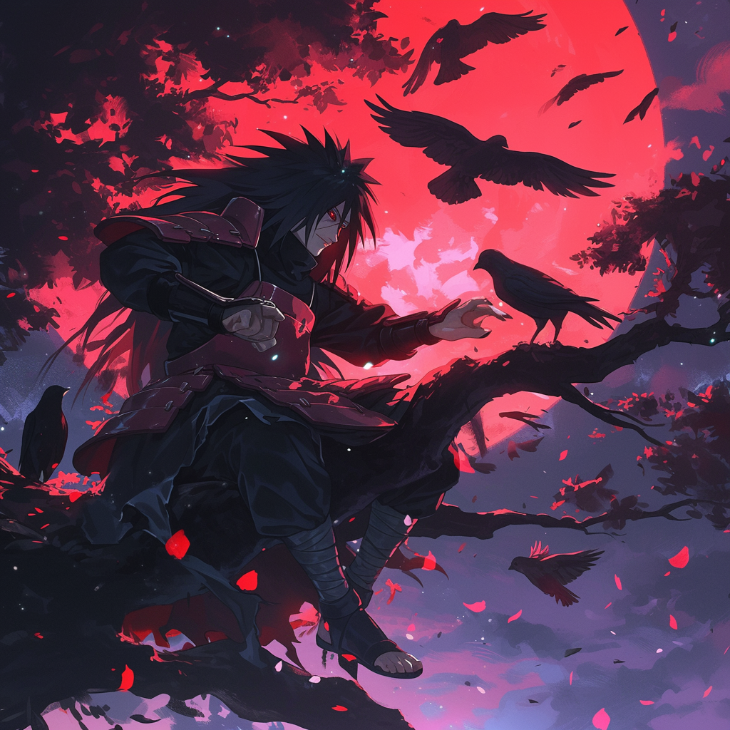 Anime-style avatar depicting Madara Uchiha from Naruto, with Sharingan eyes, set against a dramatic backdrop of a blood-red moon and dark ravens.