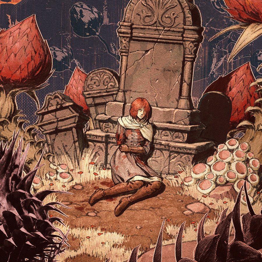 Avatar of Melina from Elden Ring video game seated near a gravestone surrounded by crimson flora.