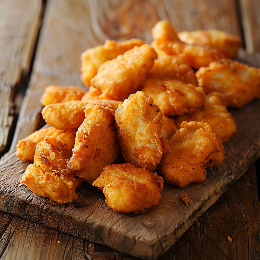 A close-up of crispy chicken nuggets stacked on a rustic wooden board, making for a mouthwatering forum avatar or profile photo.