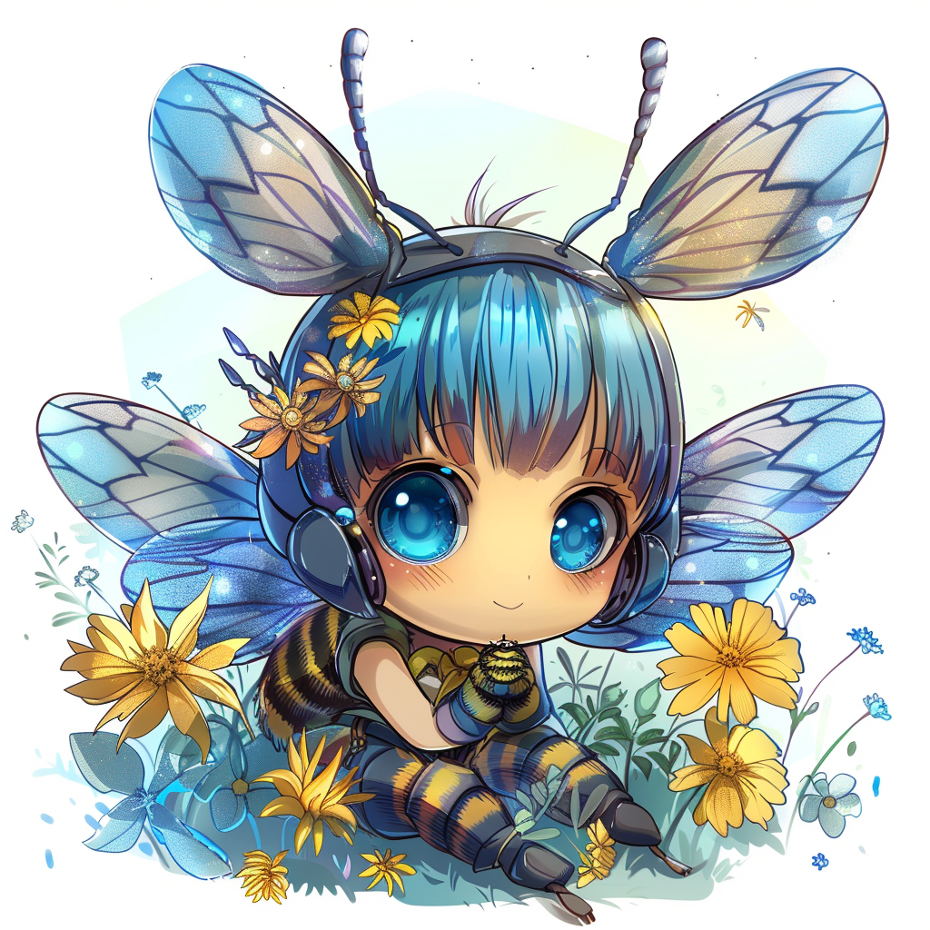 A cheerful chibi bee character with blue hair and large eyes, wearing headphones and surrounded by yellow flowers, designed as a vibrant anime forum avatar.
