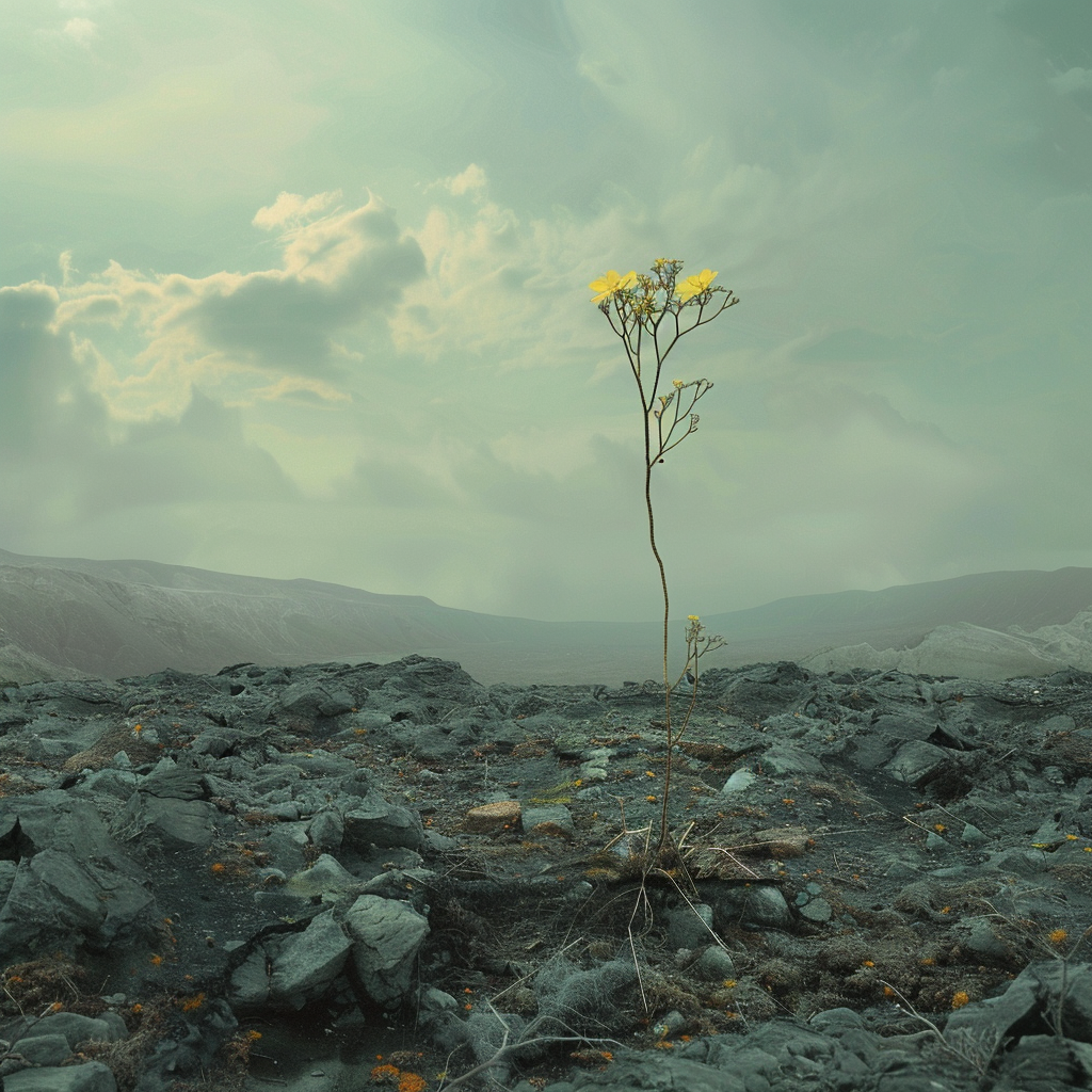 A single flower thriving in a barren landscape under a cloudy sky, used as a creative profile picture emphasizing resilience.