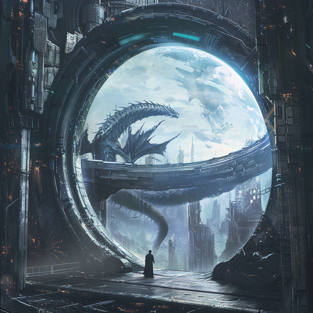 Sci-fi themed avatar featuring a dragon through a futuristic portal in a technology-driven landscape.