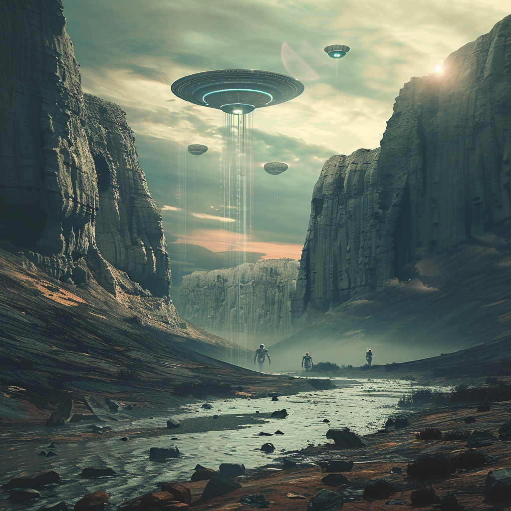 Sci-fi landscape avatar featuring an alien canyon with UFOs and explorers under a glowing sun.