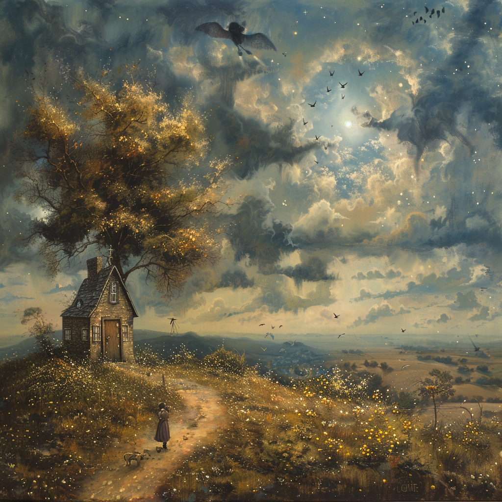 Idyllic country landscape with a cozy house under a tree, glowing with warm light, and birds flying in the twilight sky, used as a serene avatar.