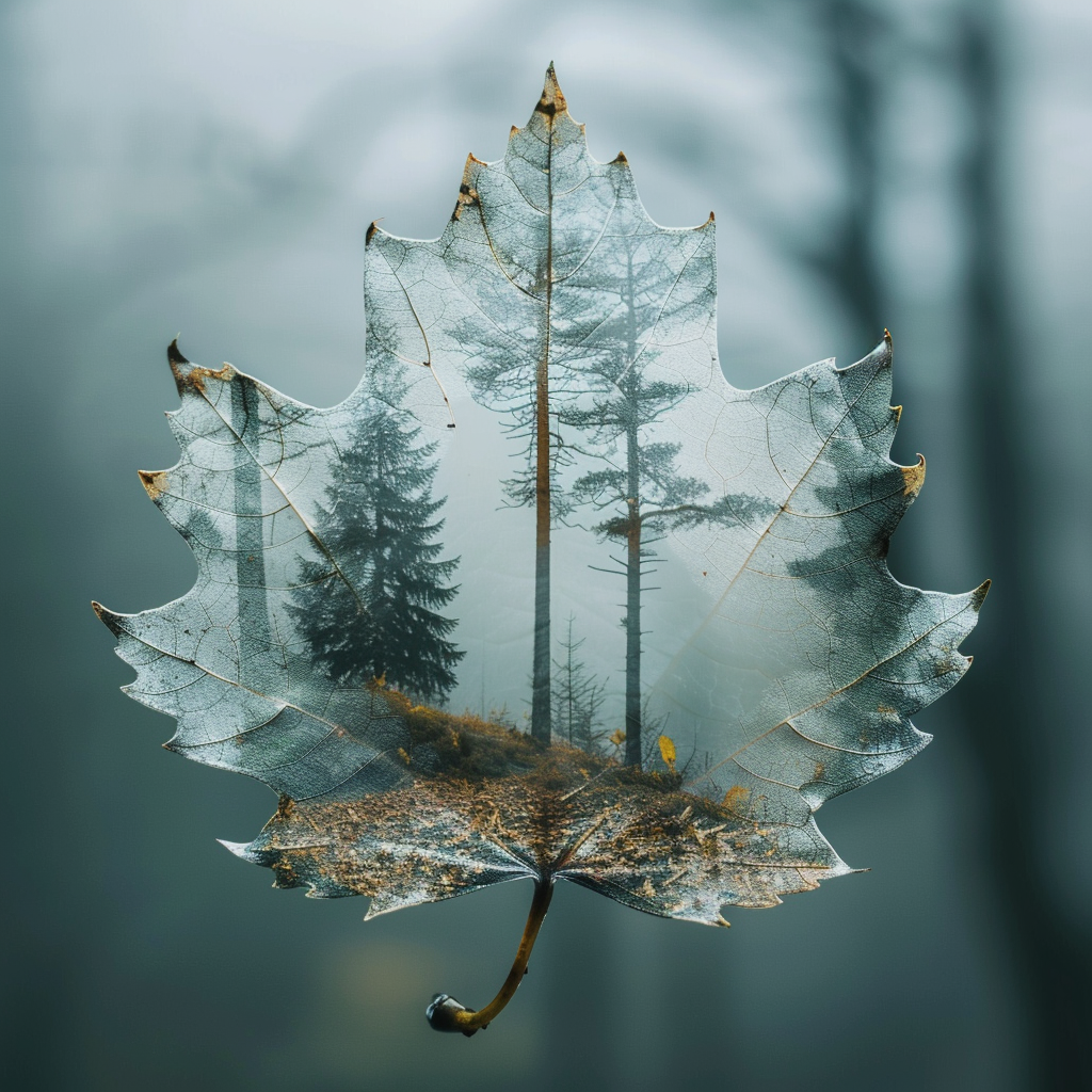 Creative avatar featuring a translucent leaf with forest silhouette, blending nature's beauty with artistic expression.