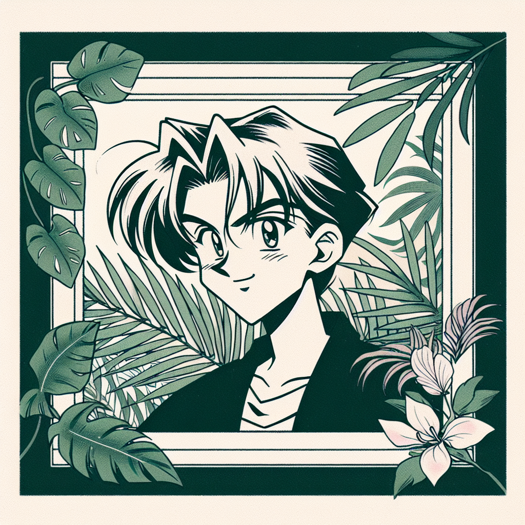 Stylized animated character avatar framed by tropical foliage with a vintage flair for a profile picture.