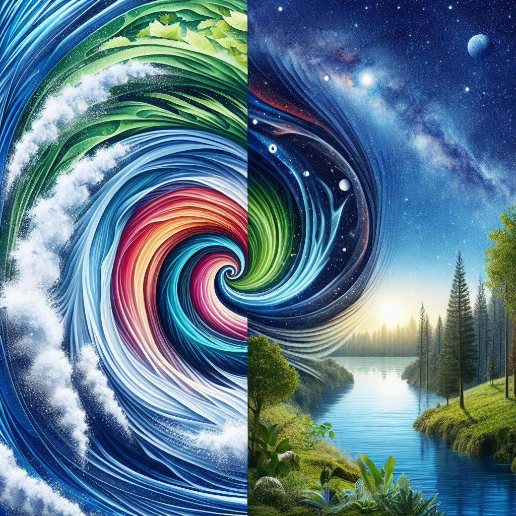 Colorful time travel vortex avatar juxtaposing a swirling galaxy with a serene natural landscape.