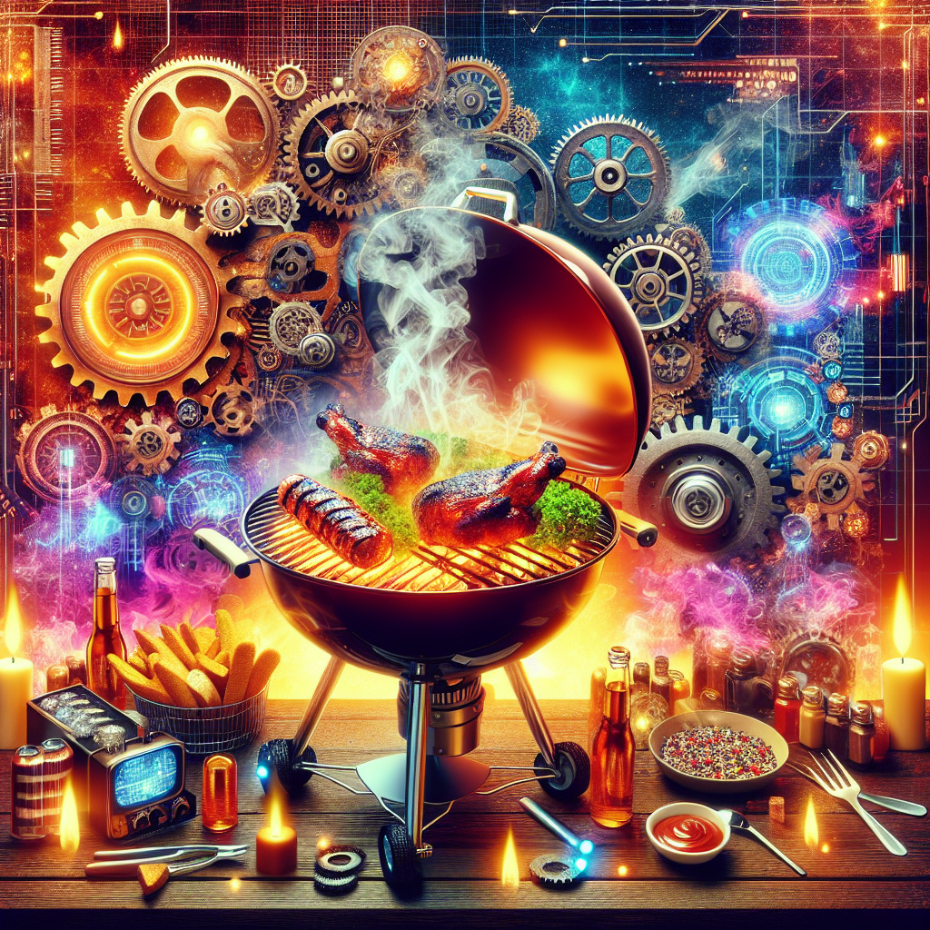 A vibrant BBQ scene showcasing grilled meat and vegetables, surrounded by gears and colorful smoke, fits as a captivating forum avatar or profile photo.