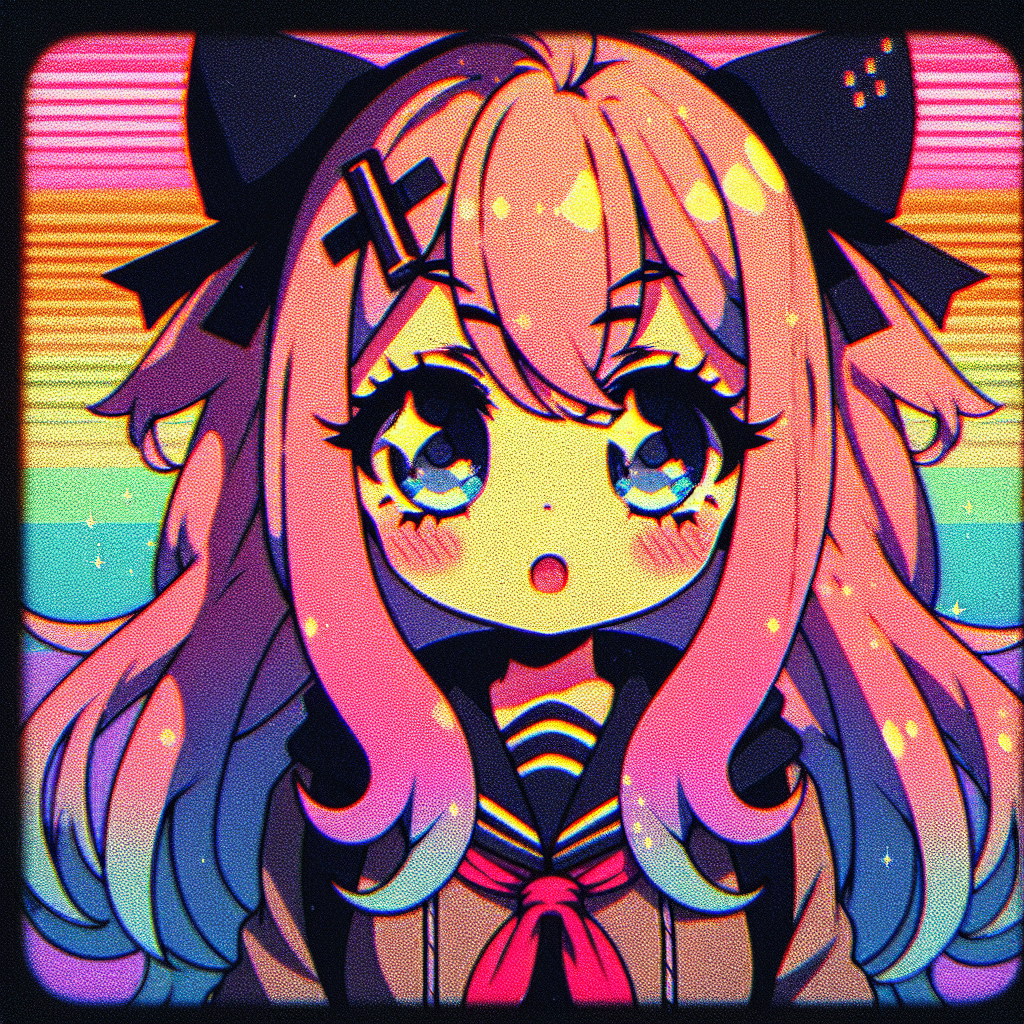 Anime-style avatar featuring a cute character with large eyes, pink and blue hair, and cat ears, set against a colorful pixelated background.