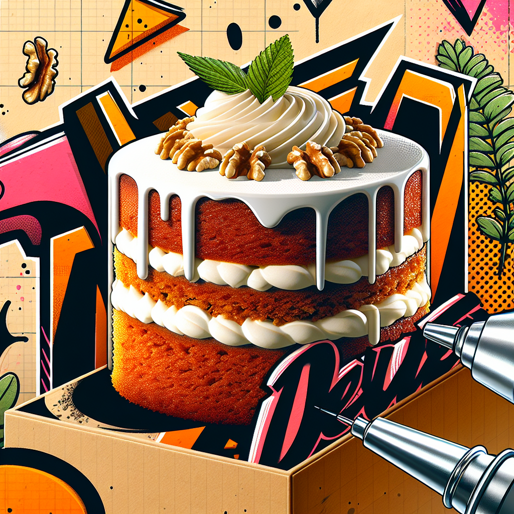 A vibrant avatar featuring a stylized carrot cake with cream layers and a walnut topping, set against a dynamic, graffiti-inspired background.