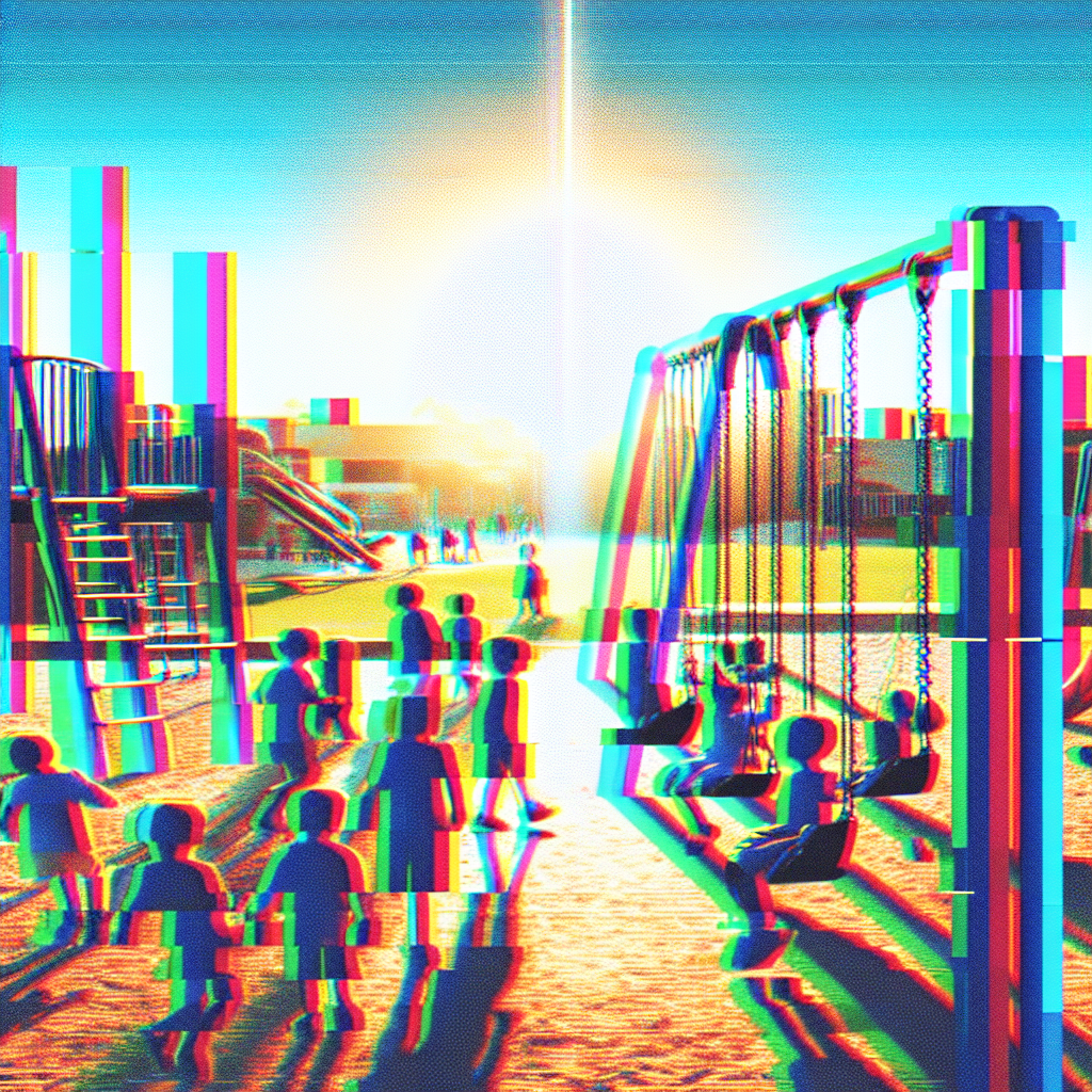 Colorful avatar profile picture featuring children playing at a playground with swings and slides in a sunny setting, with a glitch effect.