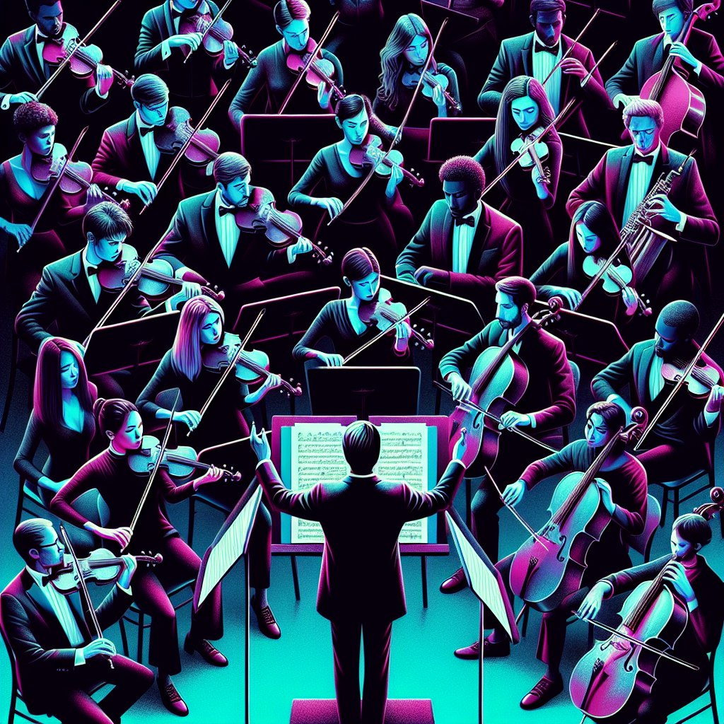 Avatar of a vibrant, stylized orchestra with conductor and musicians in shades of pink and blue.