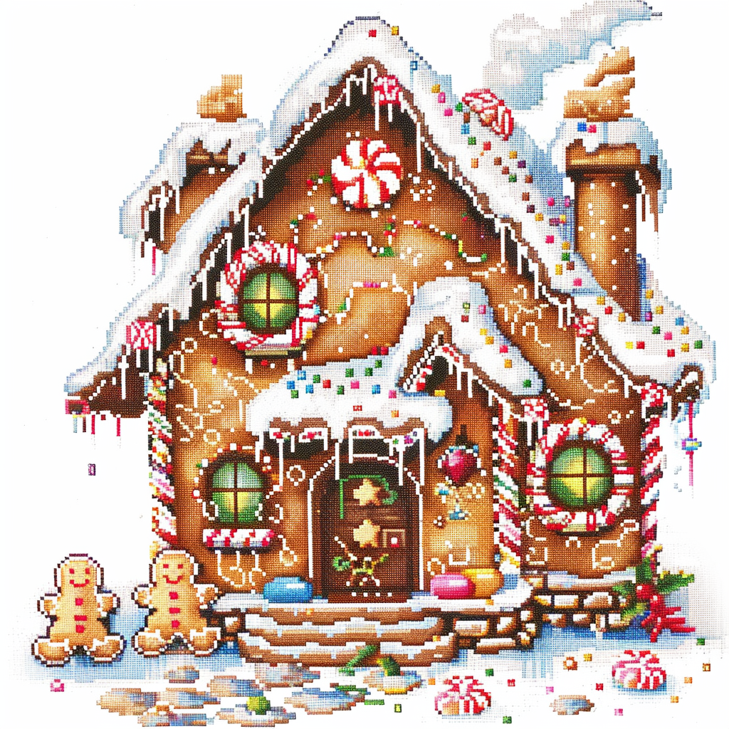 A whimsical gingerbread house adorned with sprinkles, candy canes, and frosting, featuring two cheerful gingerbread men in front, creating a festive and cozy atmosphere.