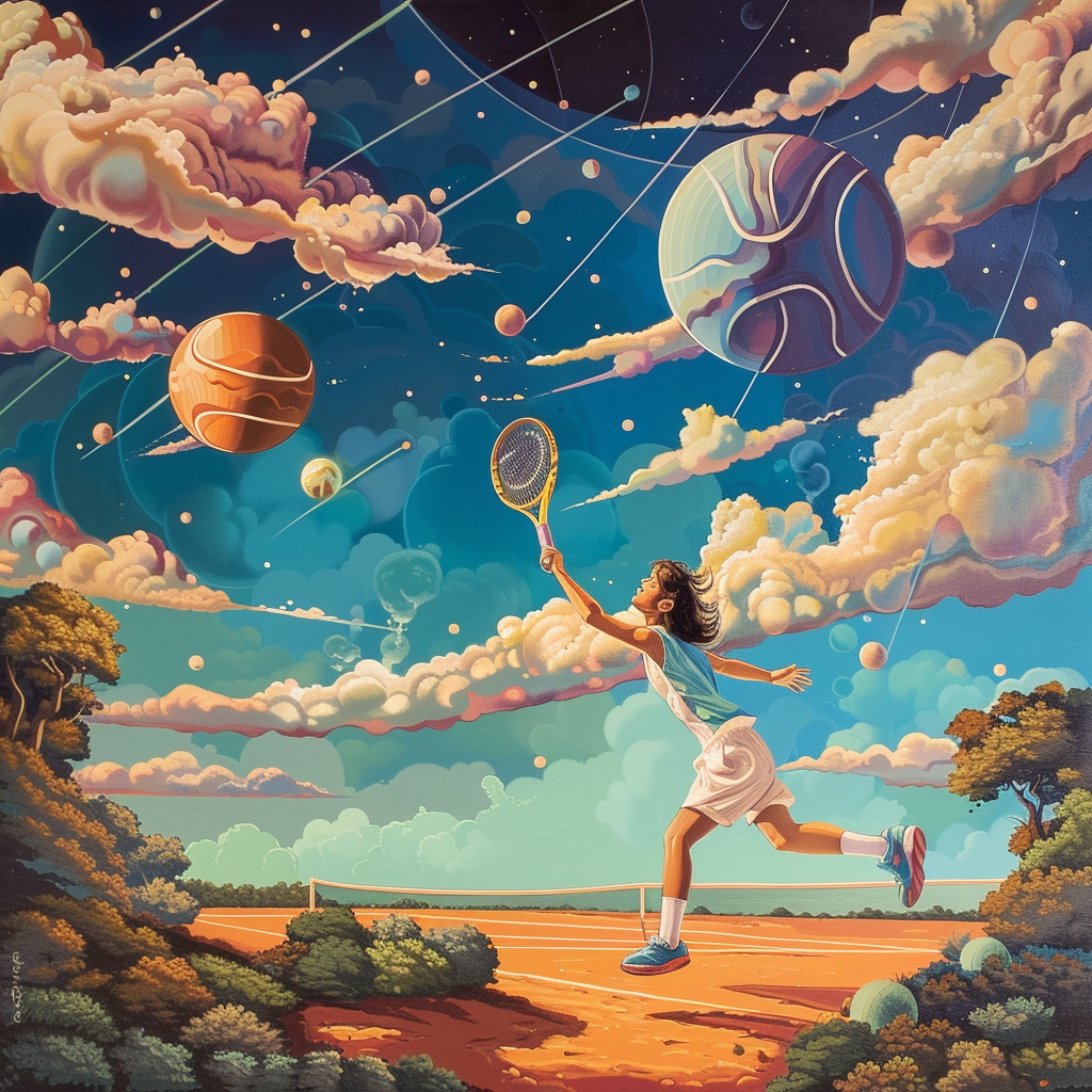 Fantasy-themed avatar of a tennis player hitting a ball on a surreal court with celestial bodies in the sky.