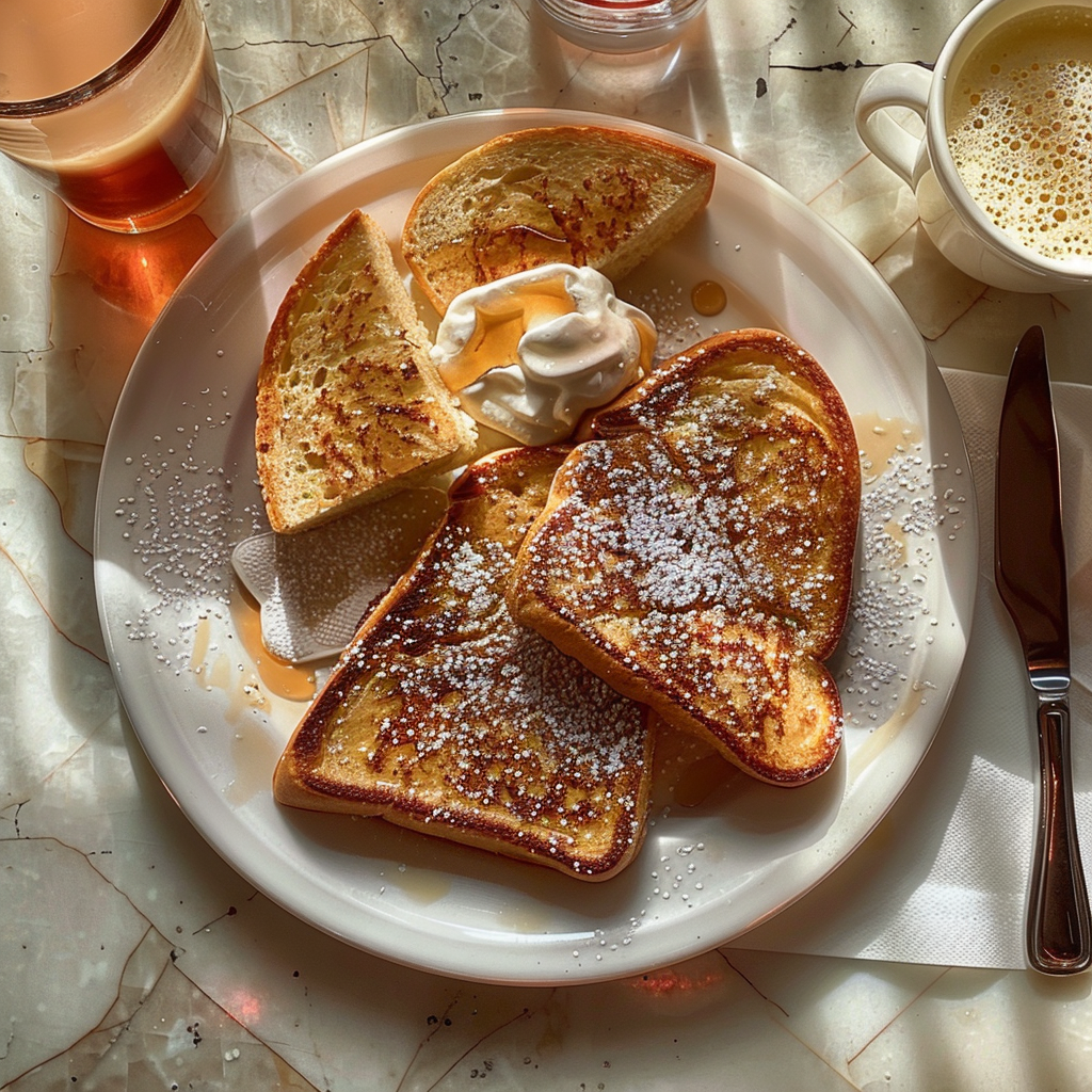 Delicious sourdough French toast sprinkled with sugar, served as a sunny breakfast, with a cup of coffee on the side.