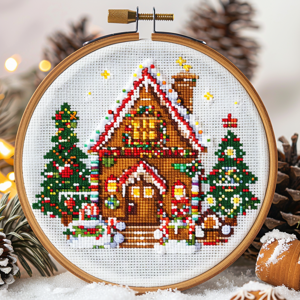 A festive cross-stitch design featuring a cozy gingerbread house adorned with colorful sprinkles and surrounded by spruce trees, evoking a warm holiday spirit.