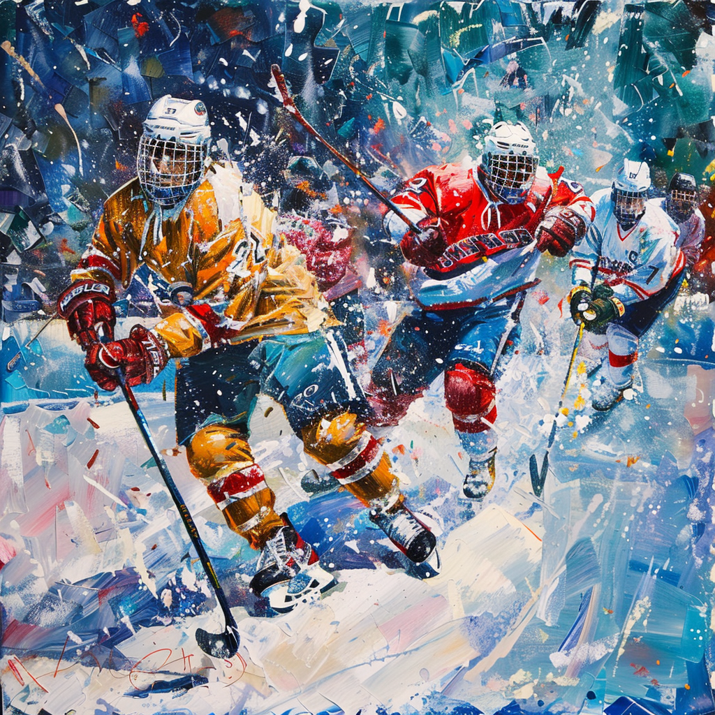Dynamic hockey scene featuring players in action on the ice, wearing colorful jerseys and helmets. A vibrant representation of the sport, capturing movement and energy.