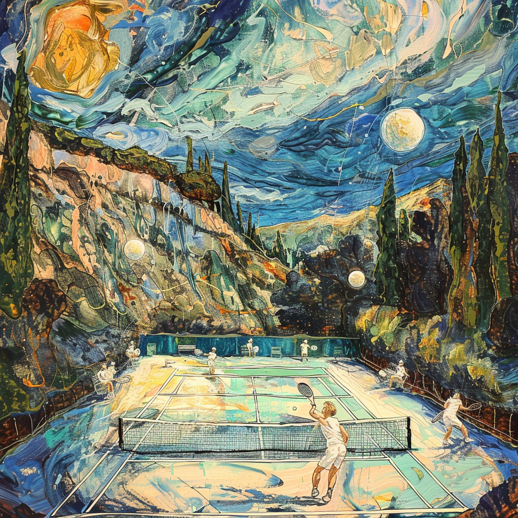 Artistic avatar of a vibrant tennis match on a court with impressionist style painting backdrop, featuring players in action and tennis balls in motion.