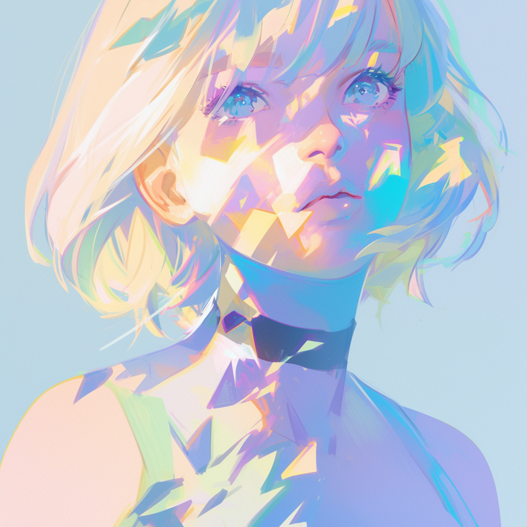 A colorful anime girl avatar with short blonde hair and large, expressive eyes, overlaid with vibrant geometric patterns, blends light and color in a captivating profile photo.
