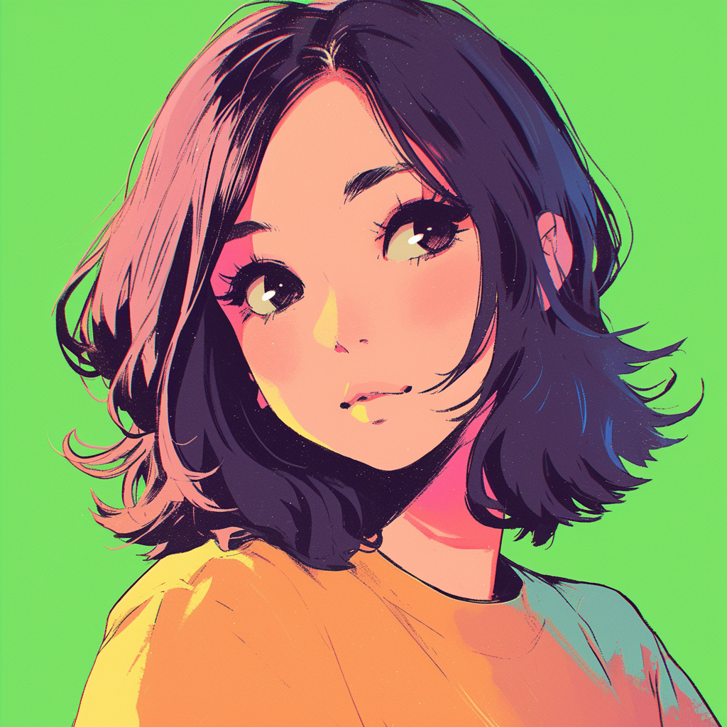A colorful anime girl with short, wavy hair gazes thoughtfully at the viewer, set against a vibrant green background. This serves as a forum avatar/profile photo.