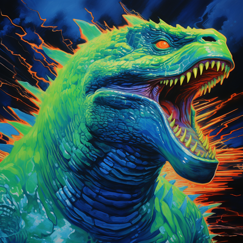 Vibrant avatar of Godzilla roaring with a backdrop of lightning.