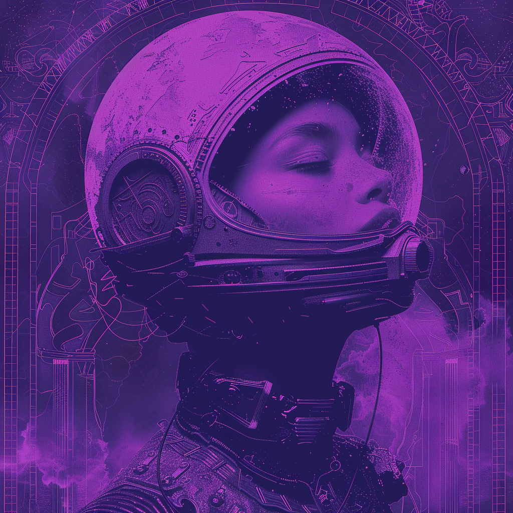 An avatar featuring a woman in a sci-fi themed astronaut helmet with purple hues and futuristic patterns in the background.
