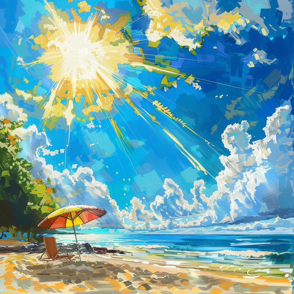 Bright and colorful avatar featuring a sunny tropical beach scene with sunbeams shining through clouds, a beach umbrella, and clear blue water, suggesting a serene vacation spot.