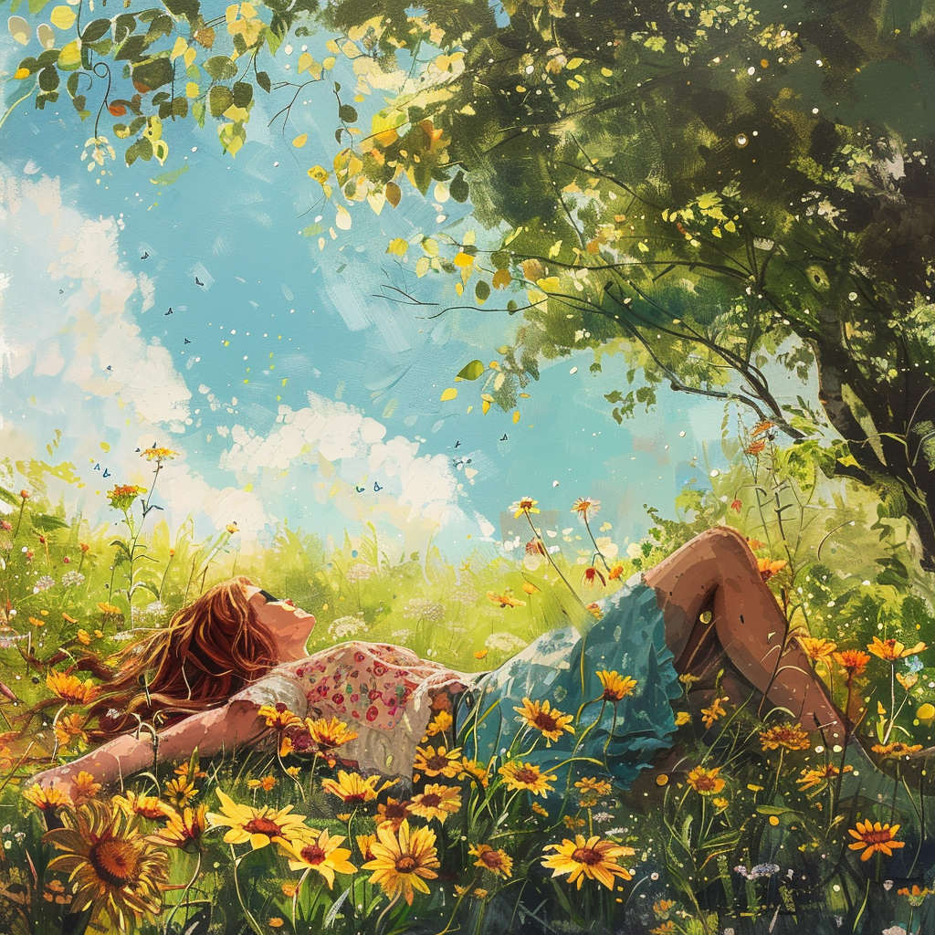 Avatar of a woman lying in a sunny field of flowers with trees and a blue sky in the background.