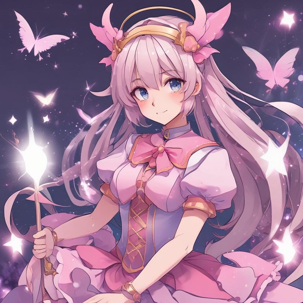 Anime-style girl magician with long pink hair and fairy-like wings, holding a glowing wand surrounded by sparkling butterflies against a starry background.