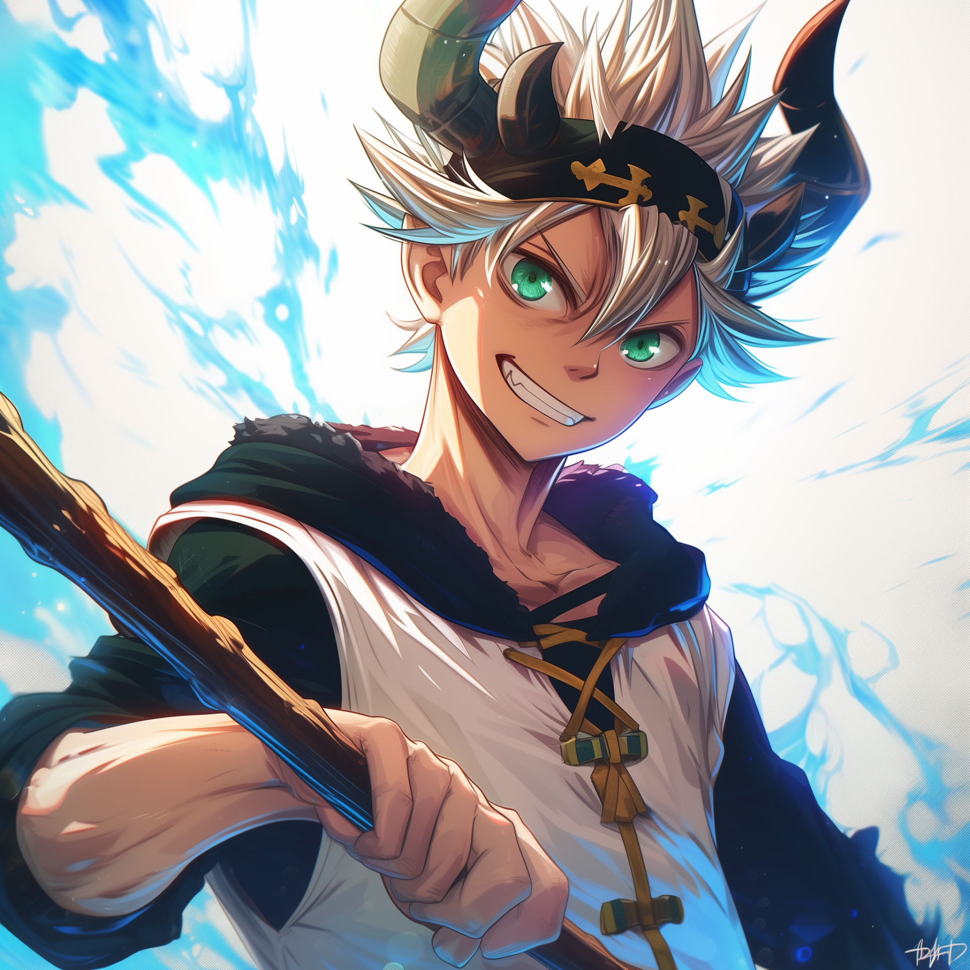 Avatar of Asta from Black Clover anime, featuring a close-up of his smiling face with spiky hair and a headband, holding a sword with a magical blue aura in the background.