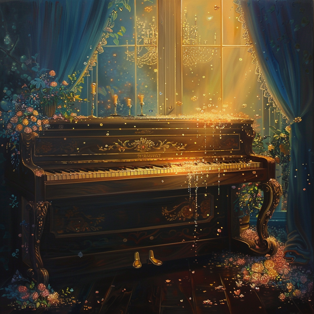 An ornate piano bathed in golden light by a window surrounded by blue flowers and curtains, creating an enchanting ambiance. Used as an avatar/profile picture.