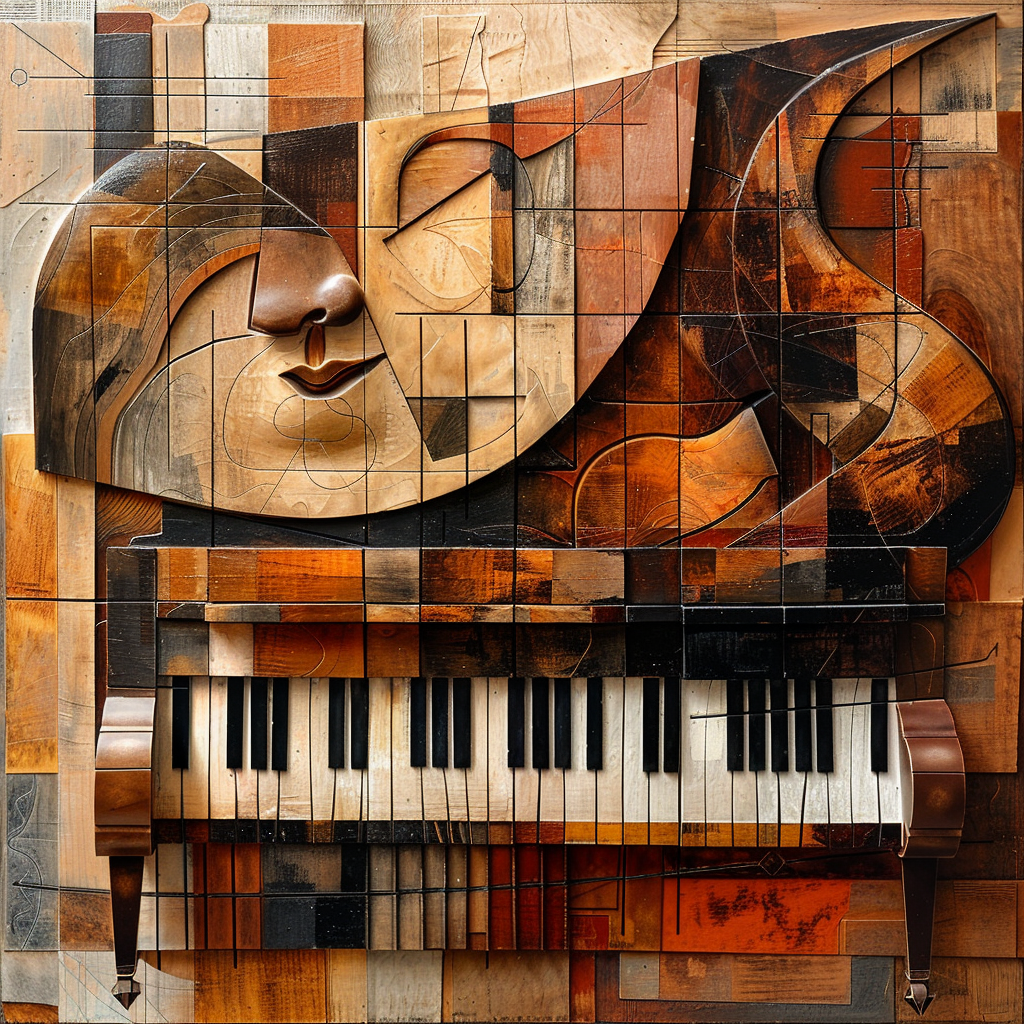 An artistic avatar featuring an abstract mosaic with elements resembling piano keys at the bottom and a subtle face design integrated within shapes resembling musical symbols.