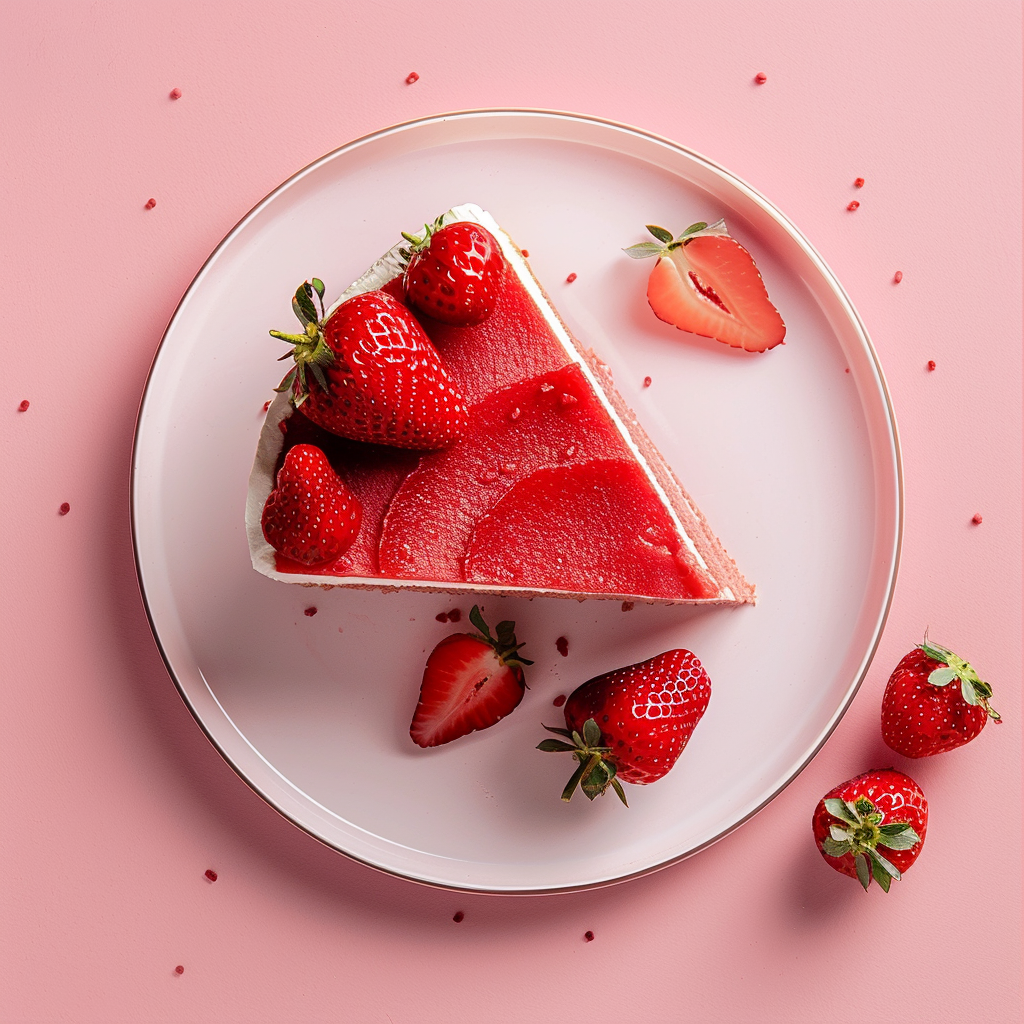 A slice of strawberry cake adorned with fresh strawberries, set against a soft pink background, makes for a delightful forum avatar or profile photo.