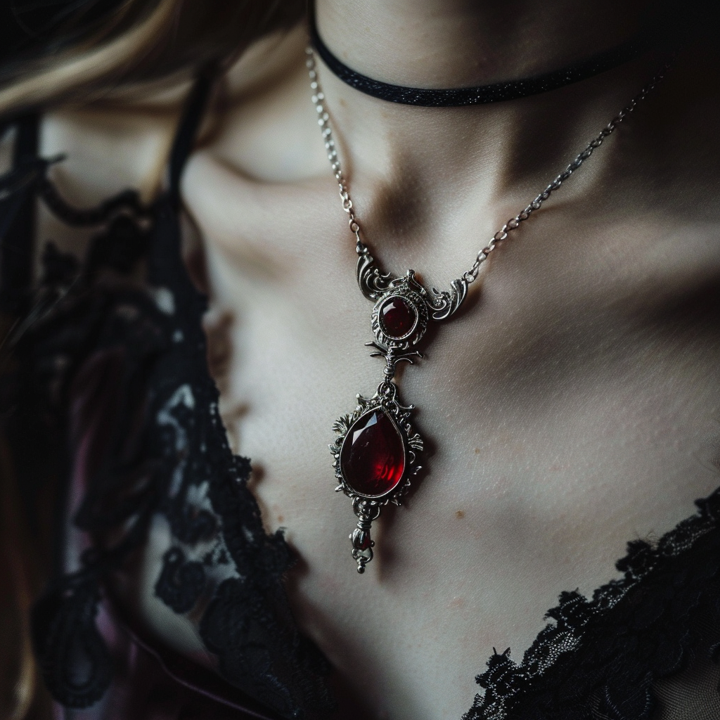 Close-up of a person wearing a dark, elegant choker and a necklace with a prominent ruby gemstone pendant, set against a backdrop with a dark, gothic aesthetic.